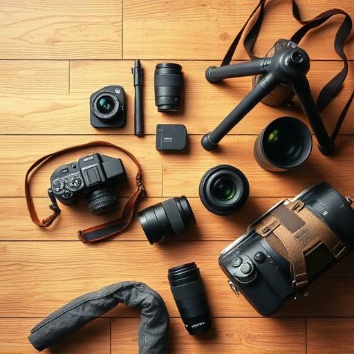 A collection of travel photography gear laid out on a wooden table. Camera, lenses, tripod, and other accessories are visible.