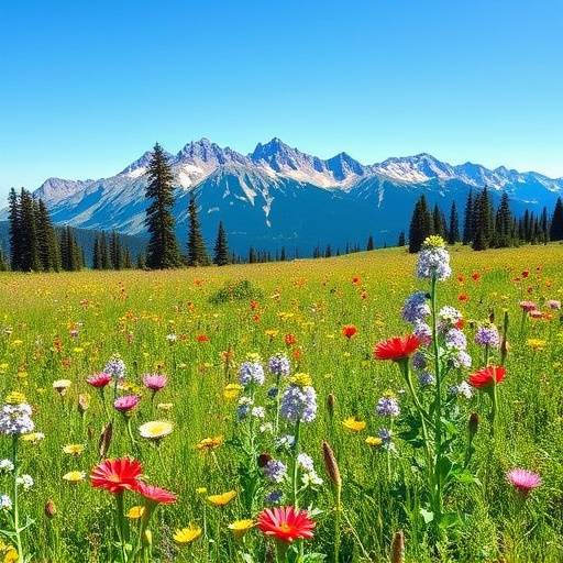 A field of wildflowers in full bloom with the snow-capped mountains of Banff in the background. Clear blue sky.