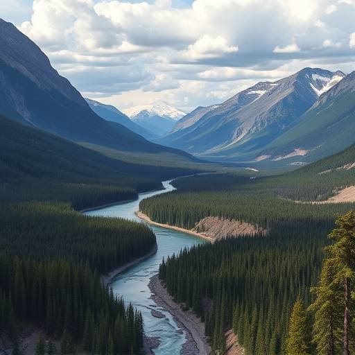A panoramic view of Jasper National Park, Alberta. Mountains, forests, and a winding river are visible.