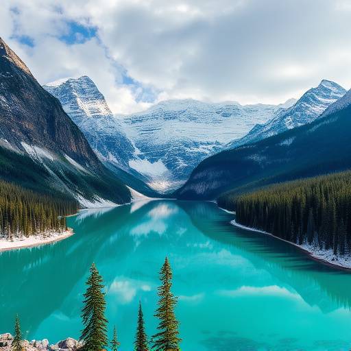Lake Louise in Banff National Park, Alberta. Emerald green lake surrounded by snow-capped mountains.