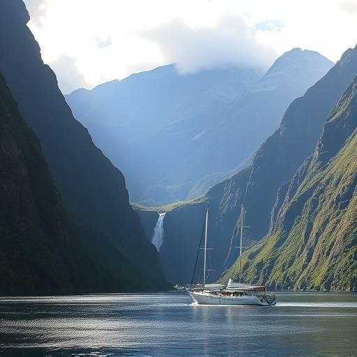 Milford Sound in Fiordland National Park, New Zealand, showing steep fiords, waterfalls, and boats.