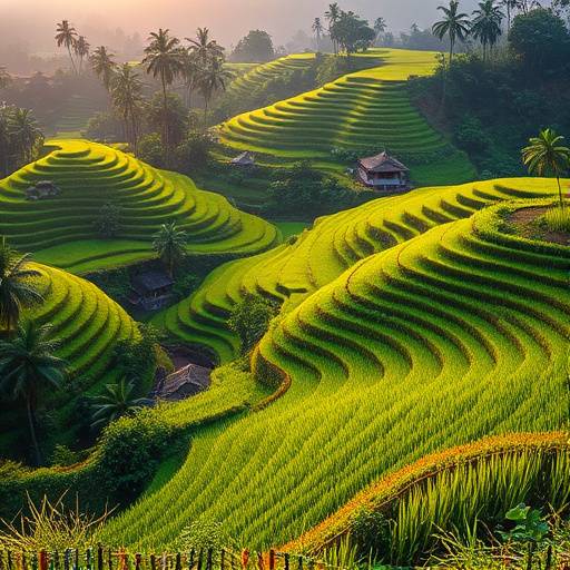 Rice terraces in Ubud, Bali, Indonesia. Lush green rice paddies stretching across the landscape.