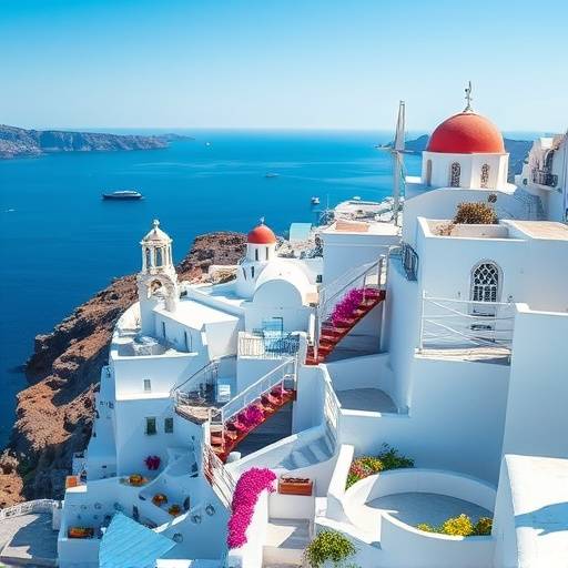 The iconic white-washed village of Oia in Santorini, Greece overlooking the Aegean Sea.
