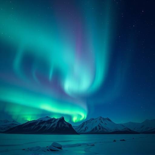 The Northern Lights (Aurora Borealis) dancing across the sky in Alaska. Green and purple lights are visible.