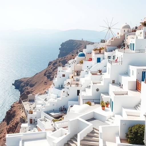 The village of Oia, Santorini, Greece. White buildings cascade down the cliffside overlooking the Aegean Sea.